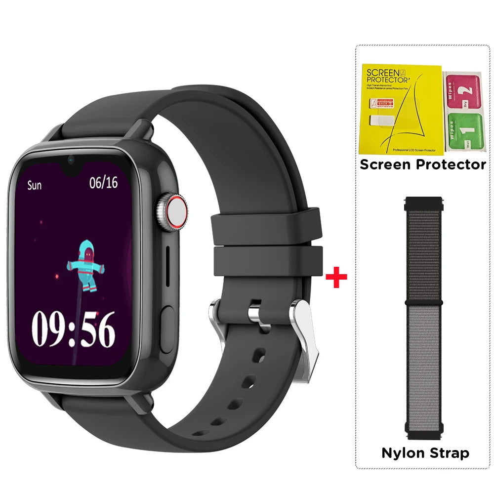 4G kids GPS smart watch showcasing a sleek design with vibrant display, featuring a nylon strap and screen protector bundle.