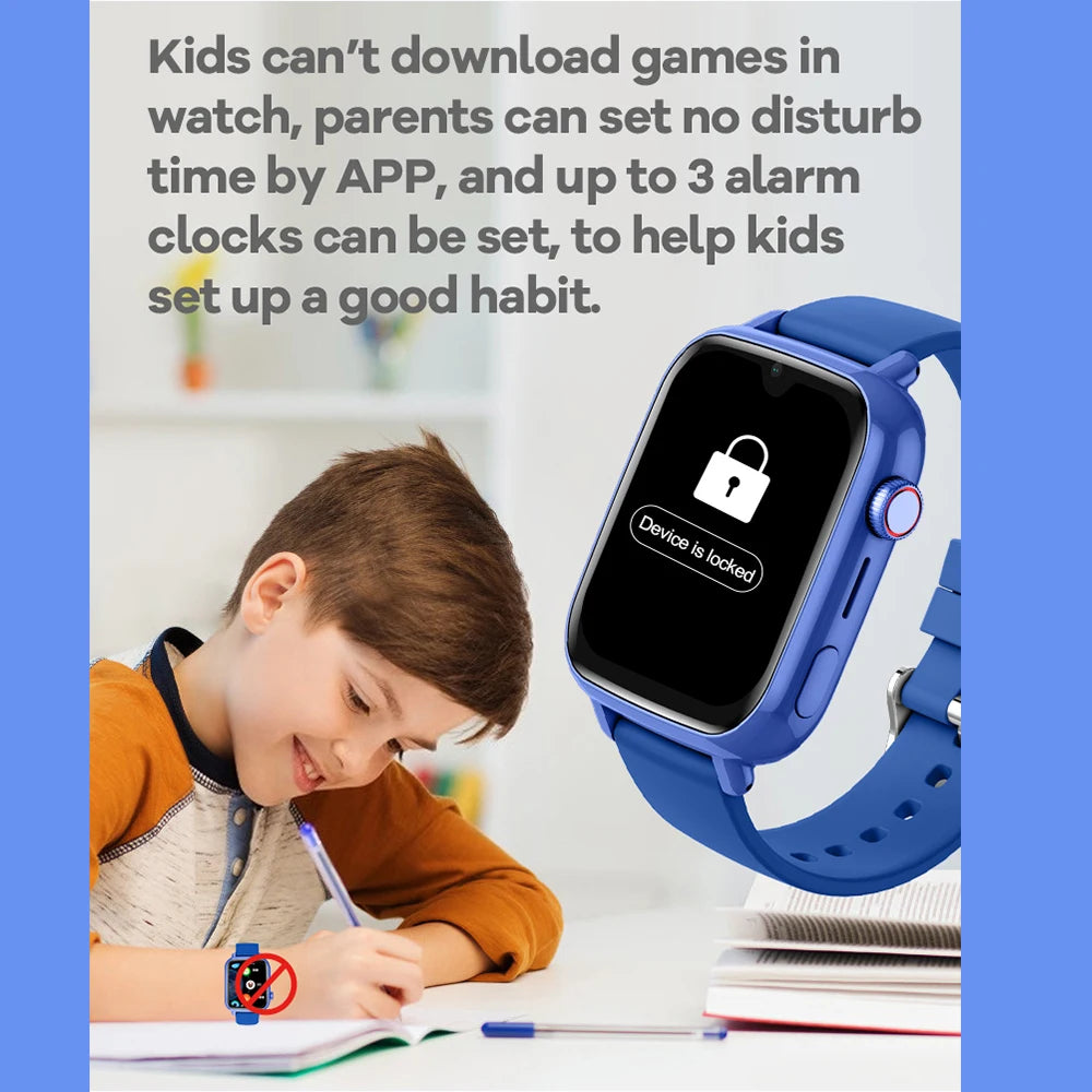Child using 4G kids GPS smart watch while studying; features parental control and alarm settings for better habits.