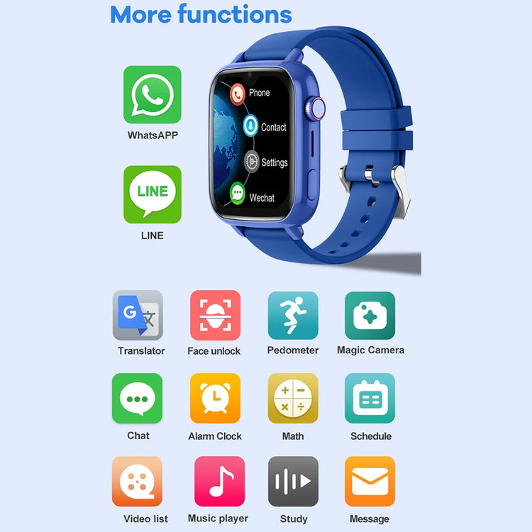 4G kids GPS smart watch showcasing various functions like WhatsApp, Pedometer, Magic Camera, and more.