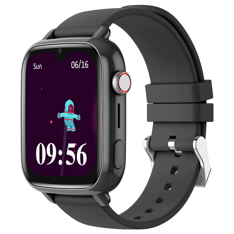 4G kids GPS smart watch showing time and playful animation on screen with a black strap.
