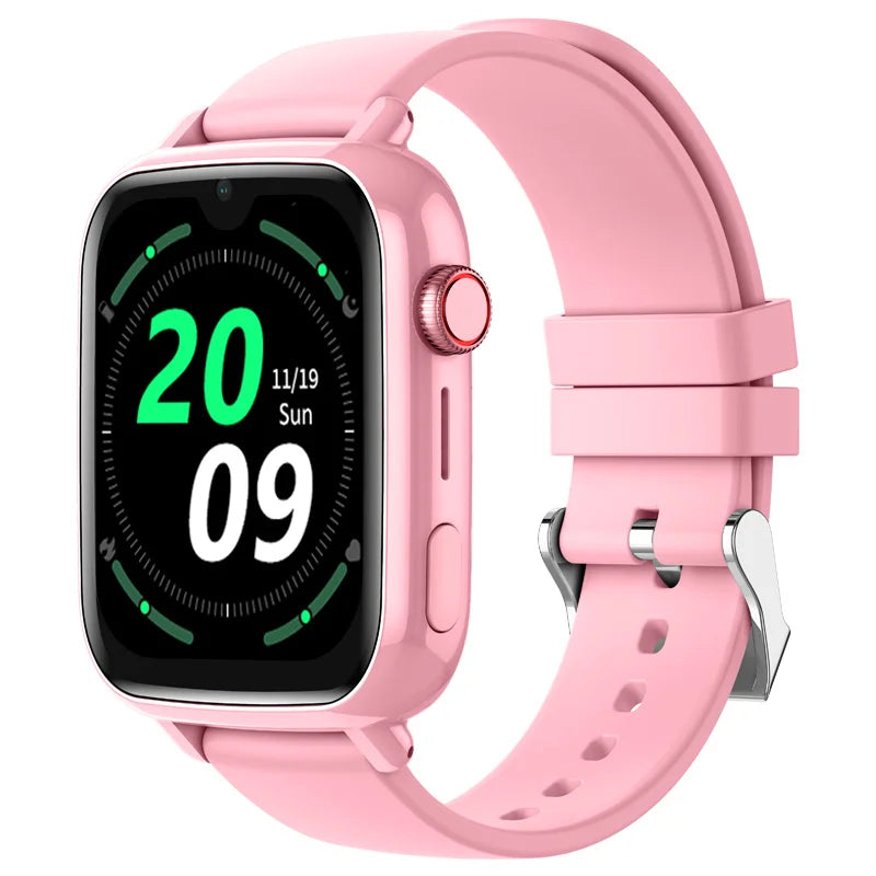 4G kids GPS smart watch in pink with digital display showing time and date